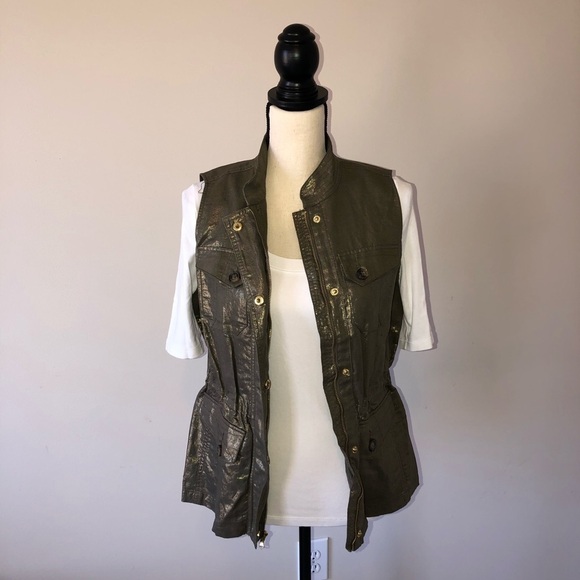 Metallic Foiled Linen Utility Cargo Vest Olive Green Gold Size 0 Small 4 - Picture 9 of 10
